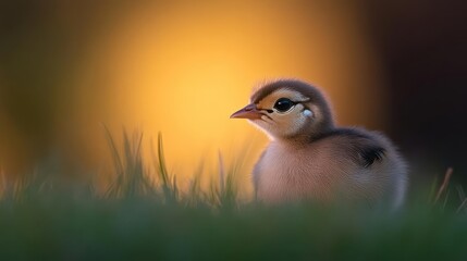 Aufkleber - A close-up of a brown chick standing in green grass. The warm golden light is diffused in the background, highlighting the chick's soft feathers and delicate features in a natural setting