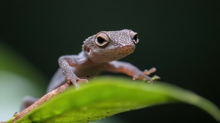 Poster - A close-up shot shows a small gray lizard perched on a green leaf, gazing directly forward. The background is dark and blurred, highlighting the reptile's textured skin and its position in nature