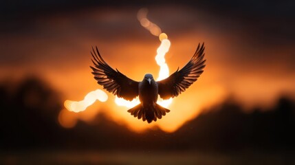 Aufkleber - Majestic raven in mid flight with spread wings, set against a vibrant sunset sky with blurred bokeh. The bird's dark silhouette contrasts with the orange and yellow hues, creating a dramatic and eye