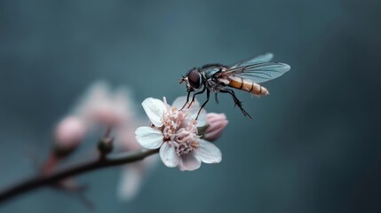 Poster - Macro shot of a fly with patterned wings perched on a light pink blossom, showcasing detailed textures against a muted blue-green background