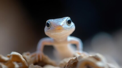 Poster - Close up studio shot of a juvenile gecko with a cream and white body on the ground. The lizard is small and the background is dark and blurred. The gecko is facing forward with its little legs in