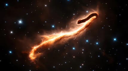 Aufkleber - Dramatic cosmic scene features a luminous orange and brown nebula against a backdrop of twinkling blue and white stars. The nebula has a distinct shape resembling a snake, with swirling gases and