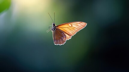 Poster - Captivating macro shot of an orange butterfly in flight, wings speckled with dark spots, set against a blurred green and blue backdrop. The butterfly's delicate antennae are visible, enhanced by a