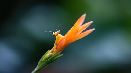 Poster - Close-up captures a small praying mantis perched on an orange flower against a blurred green backdrop. The mantis exhibits detailed features and stands out vividly against the soft, natural setting