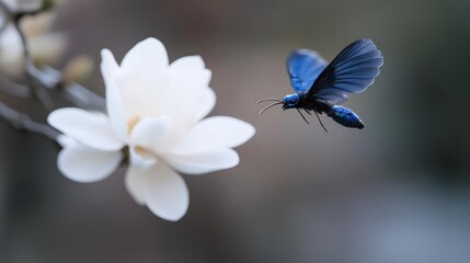 Poster - Close-up captures a lustrous blue butterfly in mid-flight near a pristine white magnolia bloom, set against a soft, blurred bokeh background, highlighting delicate spring beauty and the butterfly's