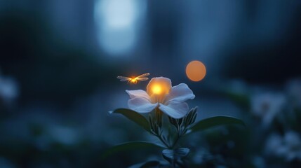 Aufkleber - Close-up shot of a white flower with glowing yellow center and a blurred dark blue and green background. Soft lighting highlights the delicate petals and creates a dreamy, ethereal atmosphere