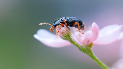 Poster - Detailed macro shot of a small, shiny black beetle with orange legs perched on a delicate pink flower against a soft, blurred green background. The image highlights the beetle's intricate details and