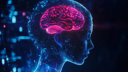 Wall Mural - human silhouette hologram with brain and chip, ai ethics and business policy