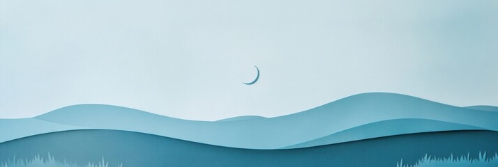 Aufkleber - Delicate pastel moon floating above soft hill silhouettes in a serene minimal landscape at dusk