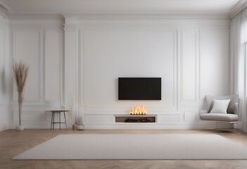 Wall Mural - wooden white 3d classic modern render interior up fireplace illustration panels mock wall floor three-dimensional apartment empty indoor design detail decor bedchamber decoration blank fire concrete