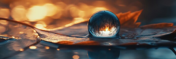 Aufkleber - Planet Earth reflected in a dew drop on a leaf highlighting natures beauty in close-up view during a golden hour