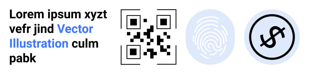 QR code scanner, fingerprint biometrics, and dollar sign in minimalistic design. Ideal for digital security, authentication, fintech, payment systems, online identification, data access simple