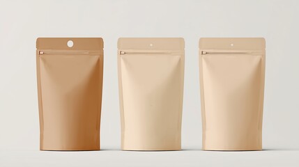 Aufkleber - dimensional brown and beige coffee bags with metallic zipper closure on minimalist light background. 3D mockup template for packaging design, brand identity, product label, or commercial branding conc