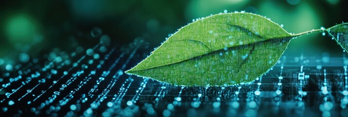 Poster - Green leaf dissolves into digital pixels representing the fusion of nature and technology