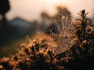 Dew-covered spider web glistening on a bush at sunrise in peaceful natural setting