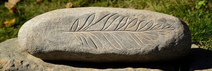 Aufkleber - Large smooth stone featuring a carved leaf pattern rests peacefully on a grassy surface surrounded by nature