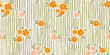 © Radiocat - Seamless pattern with ink doodle abstract flowers and leaves on vertical stripes. Trendy aesthetic orange and green background. Hand drawn vector illustration. Boho, beach, jungle wallpaper.