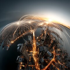 Poster - Connected Global City: A Network of Light and Data Across a Urban Landscape at Sunset
