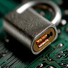 Fototapete - Cybersecurity Hardware: Close-up of a Padlock Protecting a Circuit Board Emphasizing Data Security