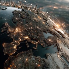 Fototapete - Europe at Night: A Digital Rendering of Global Connectivity, Featuring Illuminated Cities and Complex Network Lines.