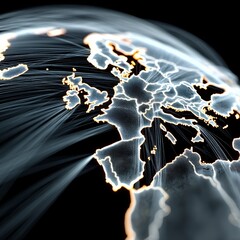 Leinwandbilder - Europe Data Network: Digital Connection with White Lines and Orange Highlight on Black Background