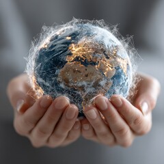 Aufkleber - Global Connectivity: A Networked Earth in Human Hands, Representing Communication and Innovation
