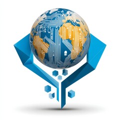 Aufkleber - Global Tech: World Map Globe Embedded in Circuitry with Abstract Blue Geometric Support Structure.