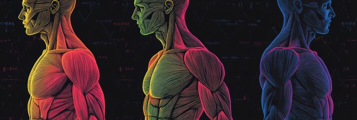 Poster - Muscle group illustration in color-coded lines displayed on a black background in a modern medical graphic style
