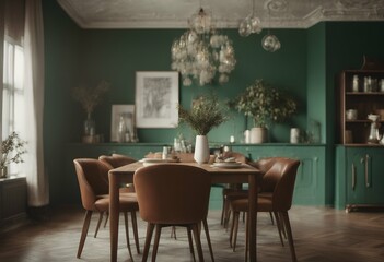 Wall Mural - brown chairs green interior room dining wall indoor design decorative dinner furniture beautiful contemporary elegant new style minimalism wooden apartment home modern wood beauty luxury bright
