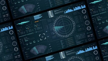 Wall Mural - motion graphic of blue color sonar radar screen searching an object with futuristic head up display 