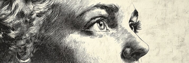 Leinwandbilder - Engraved black and white portrait showcasing vintage etching texture depicting a classic style subject with captivating eyes