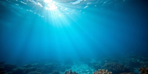 sunbeams illuminate tranquil underwater scene, calm sea life, peaceful reef, scuba, fishschool