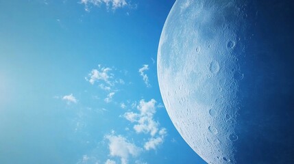a pale moon graces a vibrant blue sky filled with clouds.
