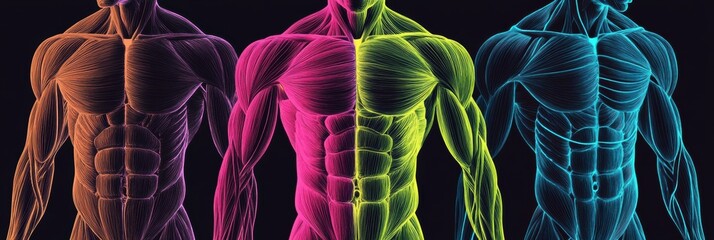 Poster - Muscle groups illustrated with color-coded lines over a black background showing a modern medical design and highlighting anatomical features