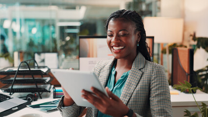 Poster - Business, funny and black woman in office, tablet and smile with story review, texting and website info. African person, publishing and employee in workplace, tech and digital app for editing and joy