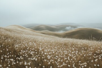 Aufkleber - Beautiful rolling hills adorned with delicate tiny flowers in a muted earth tone landscape under a gentle sky