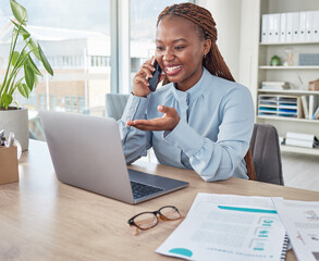 Aufkleber - Businesswoman talking on phone call and browsing a laptop in an office. Female assistant smiling, discussing and networking with client while planning and scheduling appointments at a startup company