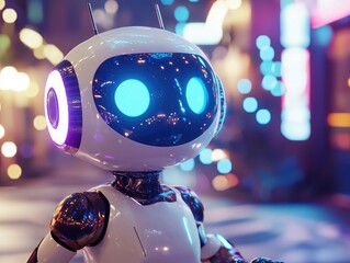 cute robot in a futuristic city at night. a small, friendly robot with bright blue eyes and glowing 