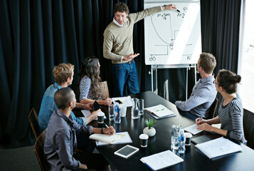 Poster - Man, presentation and colleagues in boardroom for meeting, business planning and white board demonstration. Presenter, company and goal or idea and strategy, collaboration or professional for project