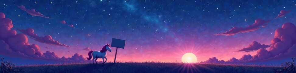 whimsical cartoon unicorn stands alone on starry night sky with a colorful placard in hand, fantasy,