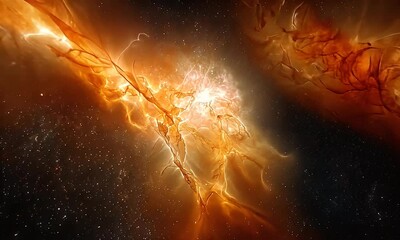 Wall Mural - Stellar Energy Explosion in a Cosmic Nebula Displaying Vibrant Orange and Golden Colors Against the Dark Background of Space