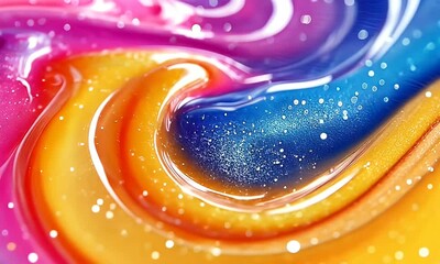 Wall Mural - colorful abstract fluid swirl with sparkling glitter in vibrant shades of purple orange pink and blu