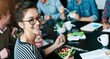 © peopleimages.com - Business people, portrait and woman with salad, eating or healthy lunch with internship. Group, employee or coworkers in office, professional or nutrition with smile, organic food or meal for protein