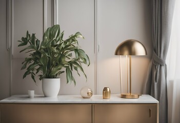 Wall Mural - marble table vintage space copy design elegant concept accessories minimalistic hanging real interior photo plant gold lamp template cupboard home decor stylish cozy furniture chair apartment