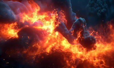 Wall Mural - Dynamic Orange and Red Flames Erupting Through Dark Clouds with Glowing Particles and Dramatic Light Effects in an Abstract Background
