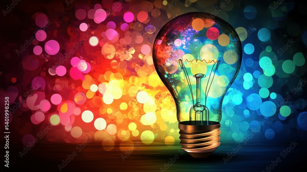 Creative light bulb with a colorful abstract background and digital ...
