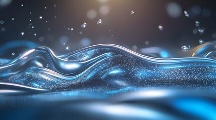 Wall Mural - Abstract Waves of Fluid Blue Water with Sparkling Particles Creating a Dreamy Atmosphere