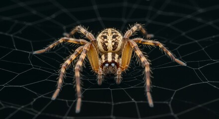 Orb Weaver Spider on Web - Close-up of a spider on its intricate web against a black background. Detailed view of legs and body