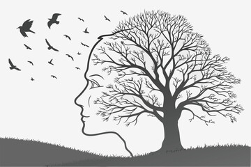 34 surreal art, human head-shaped tree, birds flying away, branches forming brain structure, black a