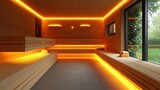 Modern, warm sauna with wood accents